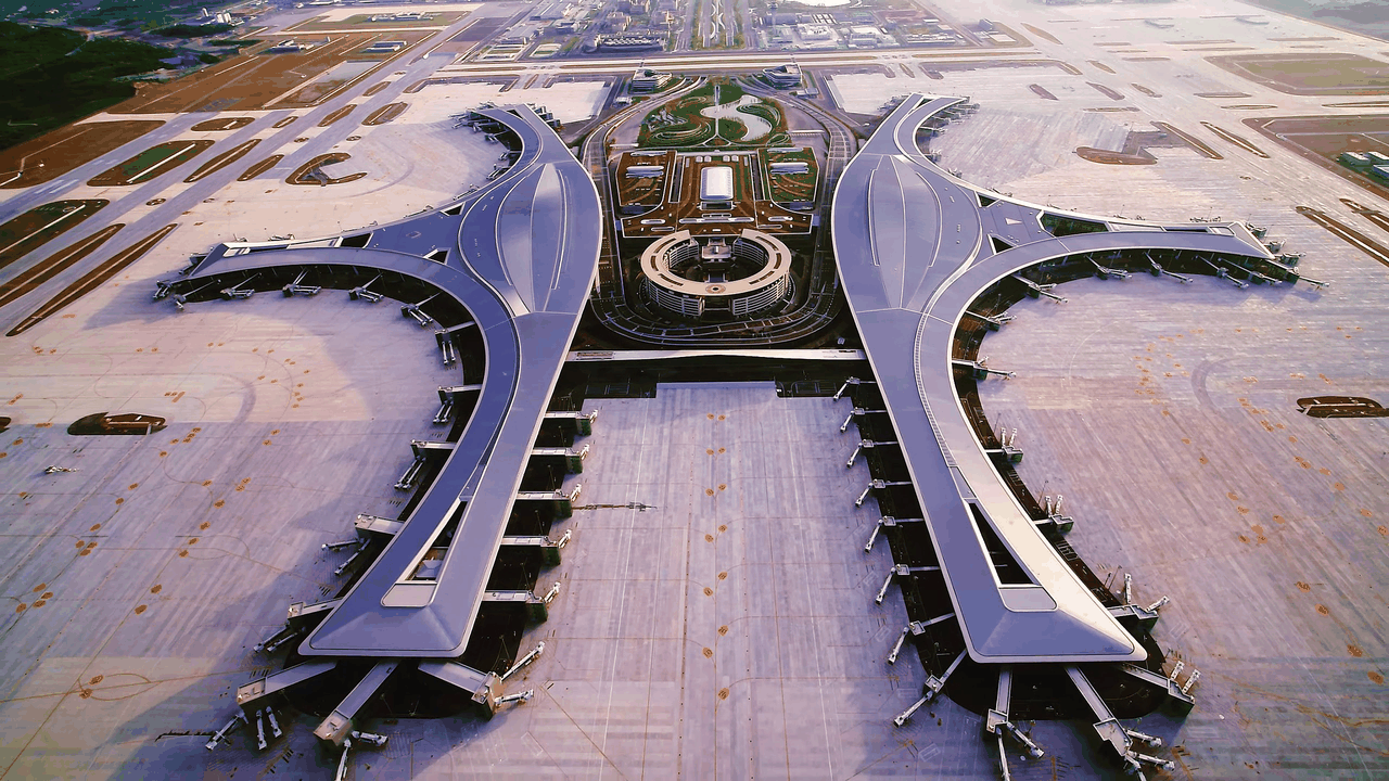 Soaring “Sun-Bird” terminal of Chengdu Tianfu International Airport, its 120,000 gold-anodized aluminum panels forming outstretched wings that echo the 3,000-year-old Shu kingdom sun-bird totem