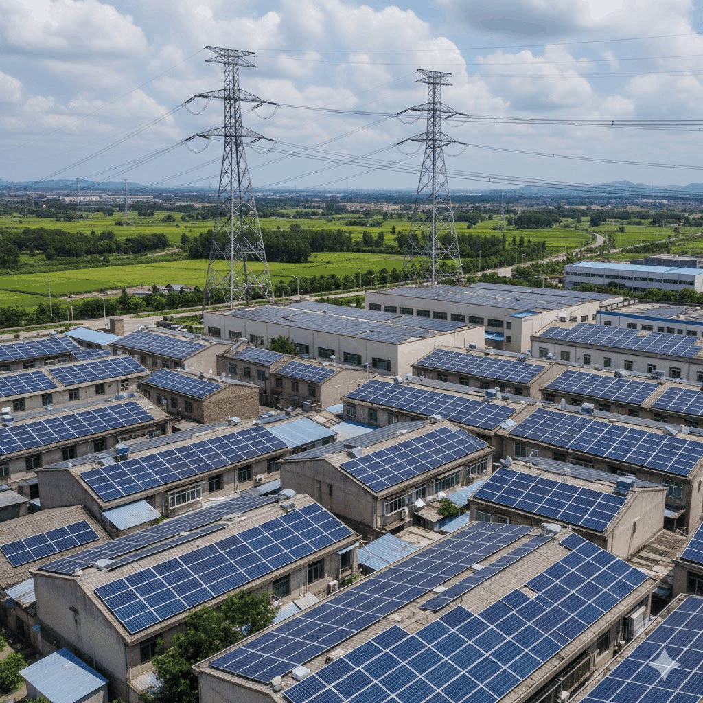 Rural households in China using rooftop solar panels, showing distributed photovoltaic adoption and everyday clean energy use in countryside communities
