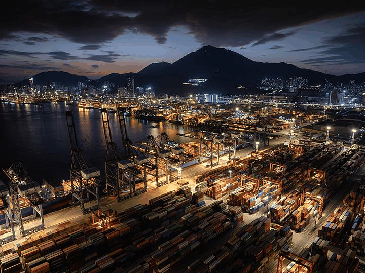 A vibrant scene of a bustling Chinese port at night, with cargo ships docked and cranes actively loading and unloading containers against the backdrop of illuminated city lights.
