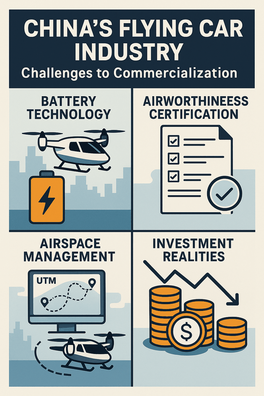 Infographic showing key challenges facing China’s flying car industry, including battery technology limits, airworthiness certification, urban airspace management, and investment realities
