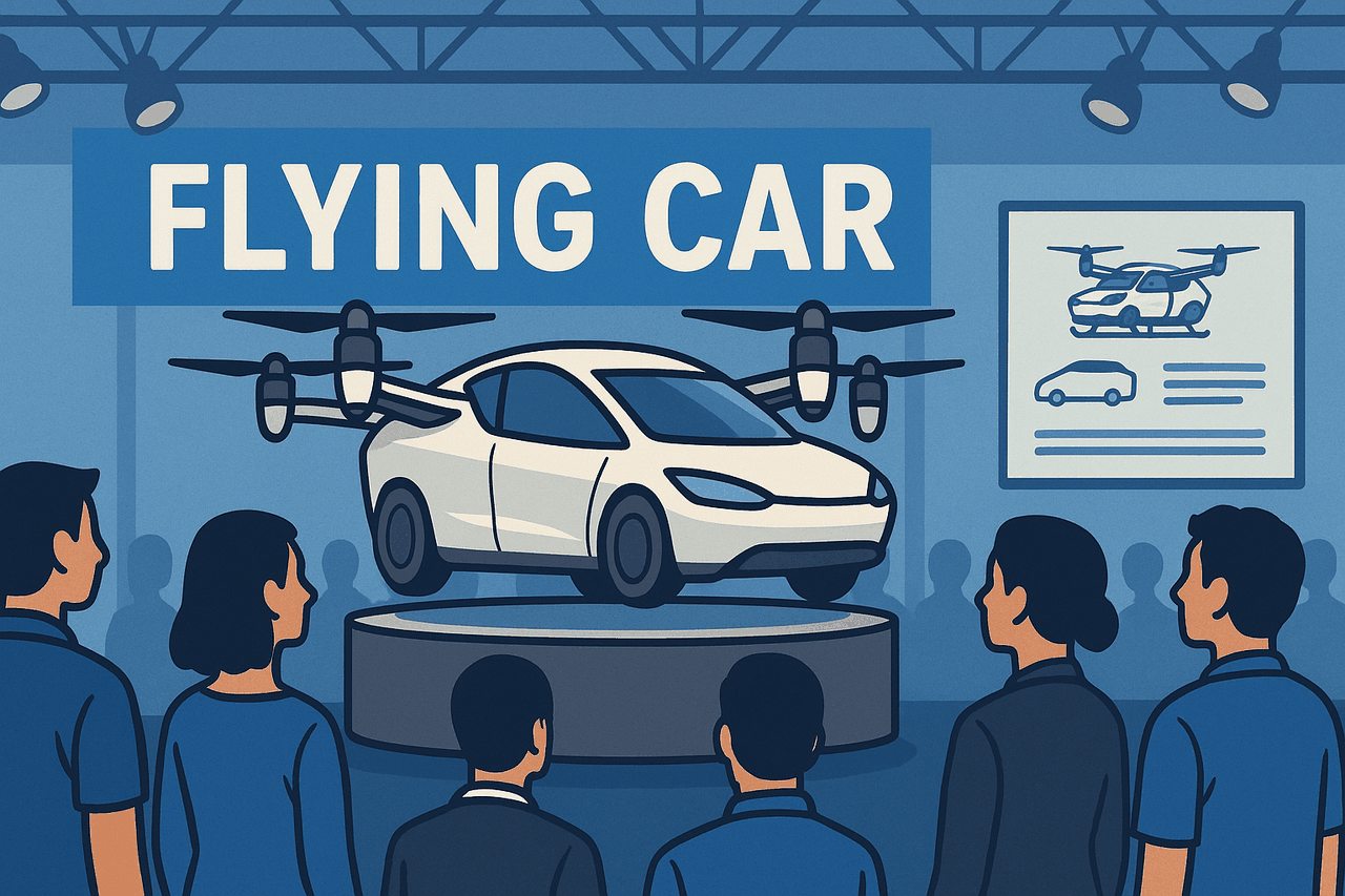 Stylized scene showing a flying car concept displayed to the public in China, symbolizing expectations and enthusiasm surrounding future urban air mobility
