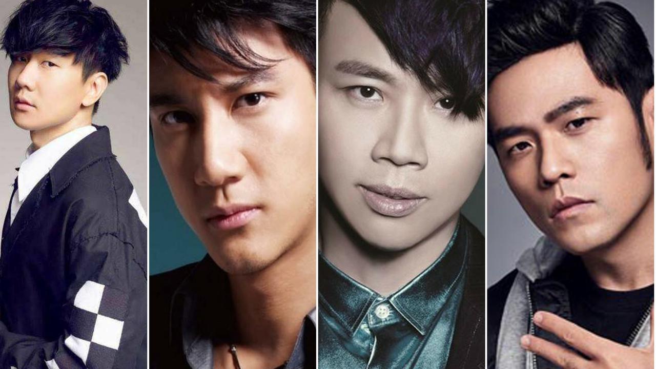 Collage of portraits: Wang Leehom, David Tao, JJ Lin, Jay Chou.