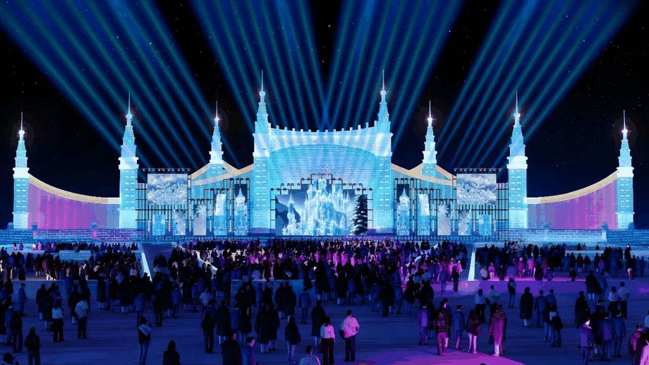 A fully upgraded array of ice-and-snow highlights at the 27th Harbin Ice-Snow World—largest-ever 1,000,000 m³ ice park, 24 new interactive slides, drone light shows and 5G-heated rest lounges—glowing under synchronized RGB lighting, December 2025.