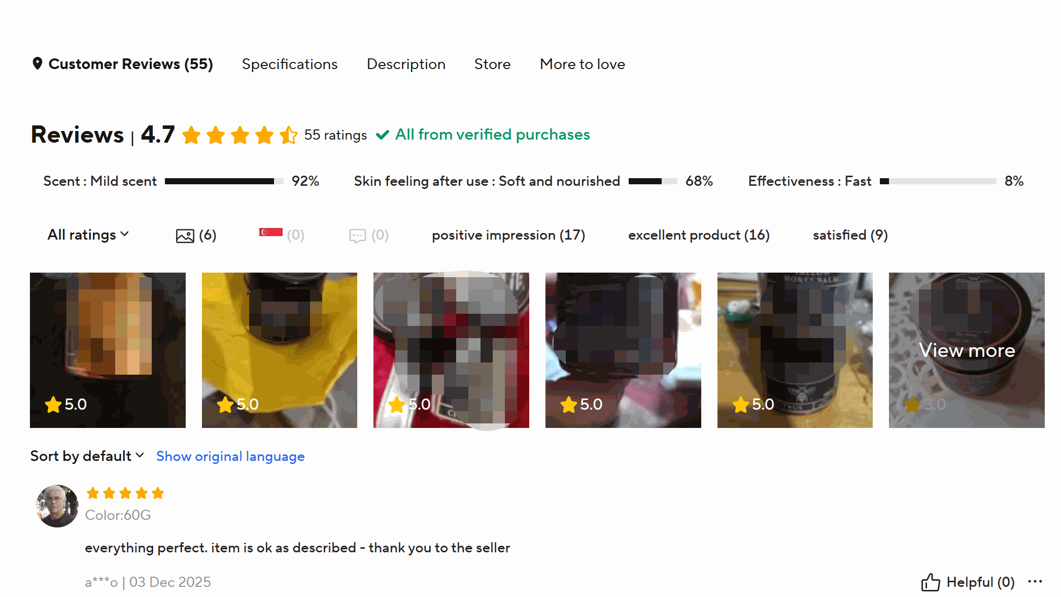 Product review page: 4.7-star rating, customer feedback, and user photos.