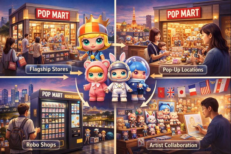 An illustration showing Pop Mart’s global expansion strategy, featuring flagship stores, pop-up locations, Robo Shops, and international artist collaborations across major cities in the US, Europe, and Southeast Asia.
